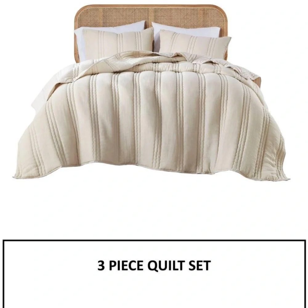 NEW Urban Habitat Full/Queen Gauze Quilted Elegant Cream Bedding Set 3 pc set